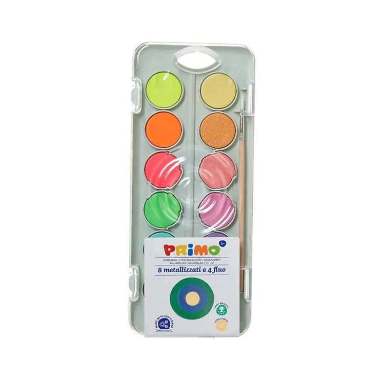 ACUARELA PRIMO 8 COLORES METAL + 4 COLORES NEON CON PINCEL Y PALETA DE MEZCLA ESTUCHE DE PLASTICO