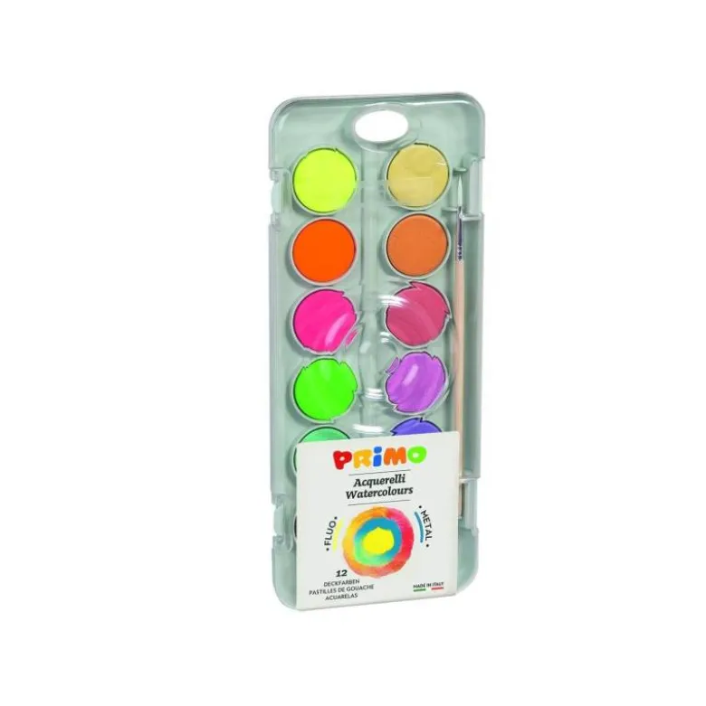 ACUARELA PRIMO 8 COLORES METAL + 4 COLORES NEON CON PINCEL Y PALETA DE MEZCLA ESTUCHE DE PLASTICO