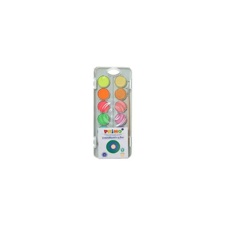 ACUARELA PRIMO 8 COLORES METAL + 4 COLORES NEON CON PINCEL Y PALETA DE MEZCLA ESTUCHE DE PLASTICO