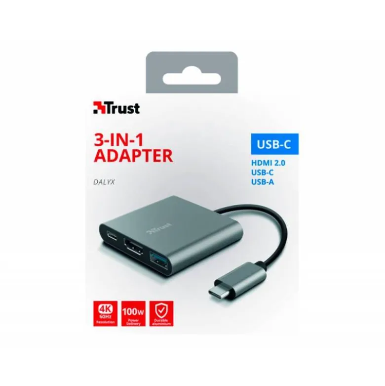 ADAPTADOR TRUST DALYX 3 EN 1 MULTIPUERTO USB-C / USB-A USB-C HDMI 2.0 COLOR ALUMINIO