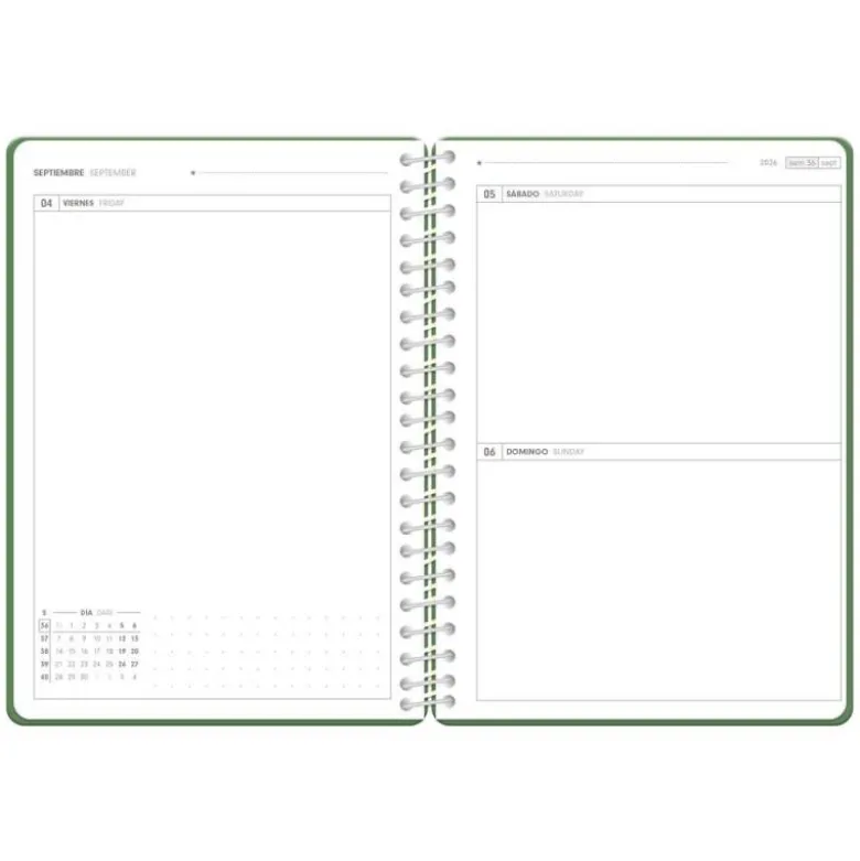 AGENDA ESCOLAR ANTARTIK 26-27 ESPIRAL ESSENTIALS DIA PAGINA A5+ BILINGUE 80G PAPEL FSC VERDE