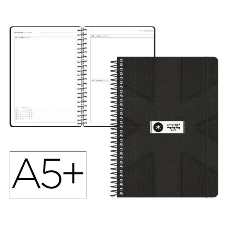 AGENDA ESCOLAR ANTARTIK 26-27 ESPIRAL PACK AND GO DIA PAGINA A5+ BILINGUE 80G PAPEL FSC NEGRO