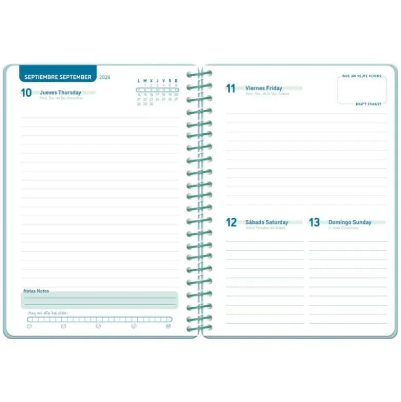 AGENDA ESCOLAR LIDERPAPEL 26-27 ESPIRAL BASIC DIA PAGINA A5 BILINGUE 70G PAPEL FSC TURQUESA