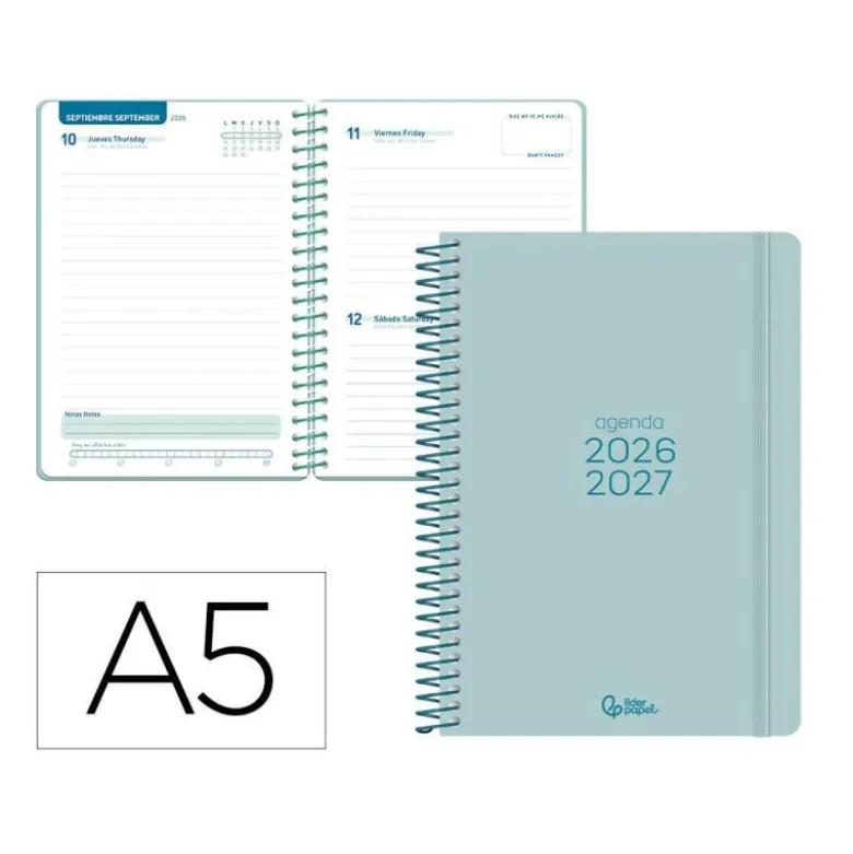 AGENDA ESCOLAR LIDERPAPEL 26-27 ESPIRAL BASIC DIA PAGINA A5 BILINGUE 70G PAPEL FSC TURQUESA