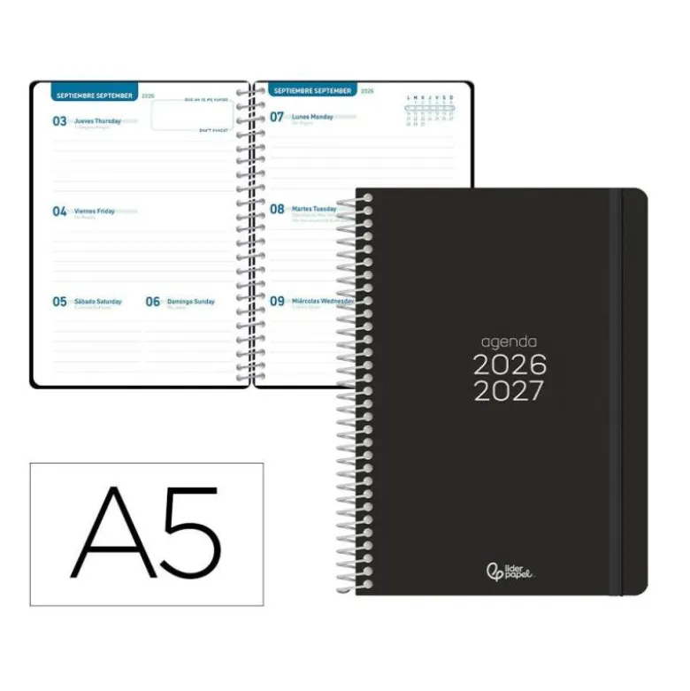 AGENDA ESCOLAR LIDERPAPEL 26-27 ESPIRAL BASIC SEMANA VISTA A5 BILINGUE 70G PAPEL FSC NEGRO
