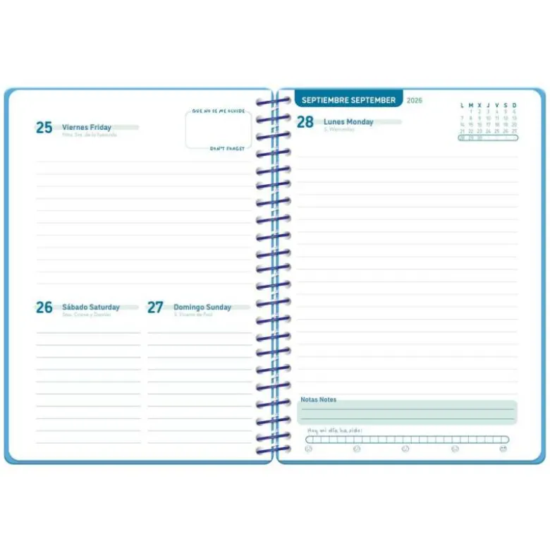 AGENDA ESCOLAR LIDERPAPEL 26-27 ESPIRAL BASIC DIA PAGINA A5 BILINGUE 70G PAPEL FSC AZUL TURQUESA