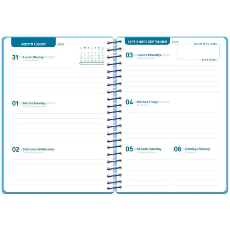 AGENDA ESCOLAR LIDERPAPEL 26-27 ESPIRAL BASIC SEMANA VISTA A5 BILINGUE 70G PAPEL FSC AZUL TURQUESA