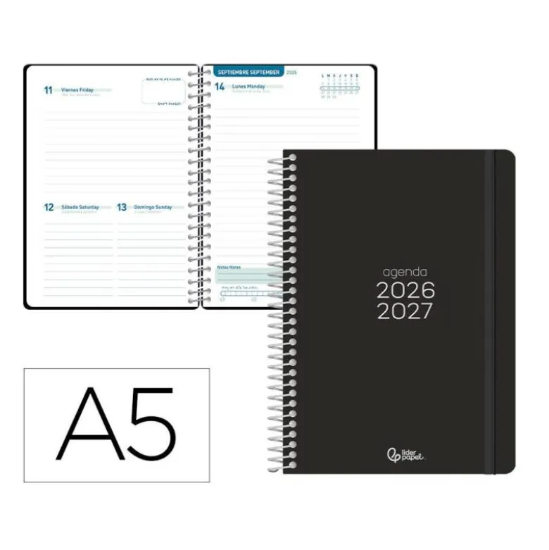 AGENDA ESCOLAR LIDERPAPEL 26-27 ESPIRAL BASIC DIA PAGINA A5 BILINGUE 70G PAPEL FSC NEGRO