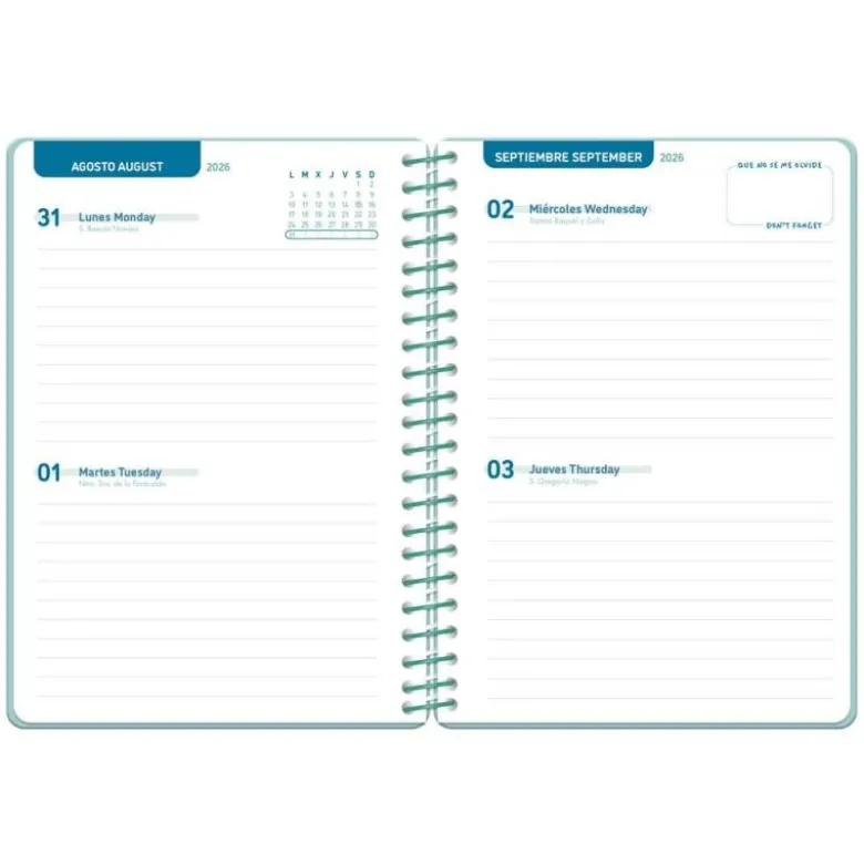 AGENDA ESCOLAR LIDERPAPEL 26-27 ESPIRAL BASIC 2 DIAS PAGINA A5 BILINGUE 70G PAPEL FSC TURQUESA