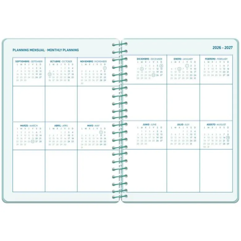 AGENDA ESCOLAR LIDERPAPEL 26-27 ESPIRAL BASIC 2 DIAS PAGINA A5 BILINGUE 70G PAPEL FSC TURQUESA