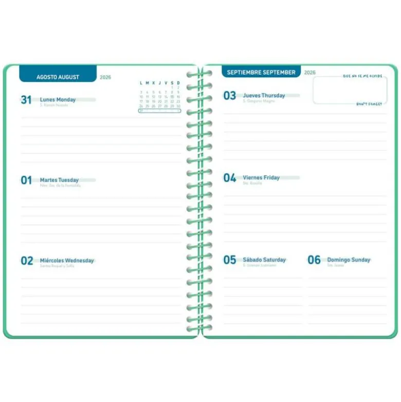 AGENDA ESCOLAR LIDERPAPEL 26-27 ESPIRAL CLASSIC SEMANA VISTA A5 BILINGUE 70G PAPEL FSC VERDE