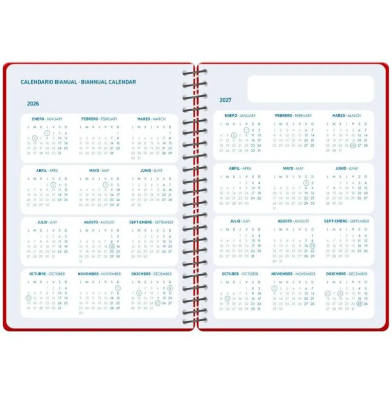 AGENDA ESCOLAR LIDERPAPEL 26-27 ESPIRAL BASIC 2 DIAS PAGINA A5 BILINGUE 70G PAPEL FSC ROJO
