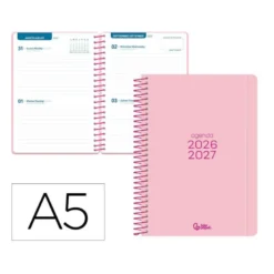AGENDA ESCOLAR LIDERPAPEL 26-27 ESPIRAL BASIC 2 DIAS PAGINA A5 BILINGUE 70G PAPEL FSC ROSA