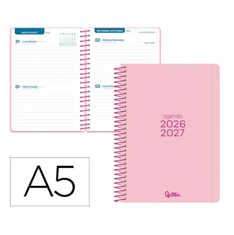 AGENDA ESCOLAR LIDERPAPEL 26-27 ESPIRAL BASIC 2 DIAS PAGINA A5 BILINGUE 70G PAPEL FSC ROSA