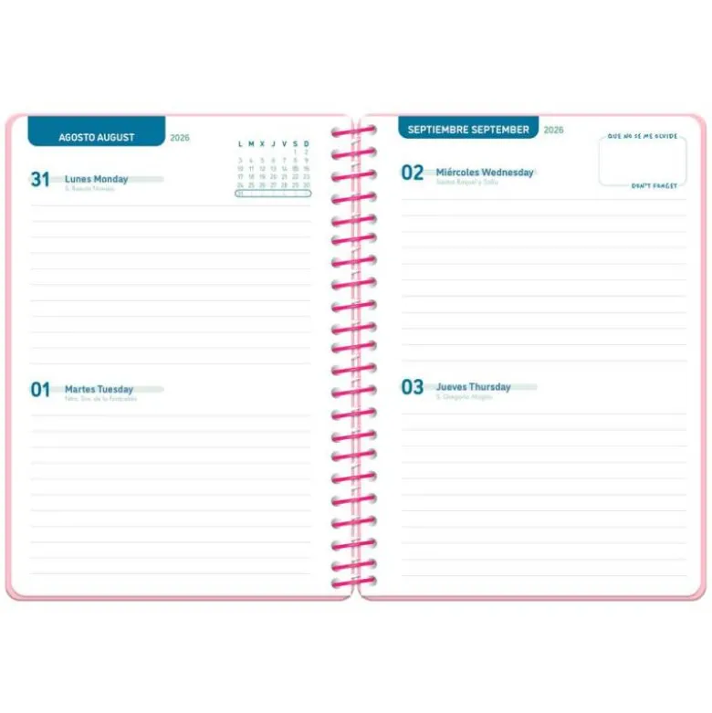 AGENDA ESCOLAR LIDERPAPEL 26-27 ESPIRAL BASIC 2 DIAS PAGINA A5 BILINGUE 70G PAPEL FSC ROSA