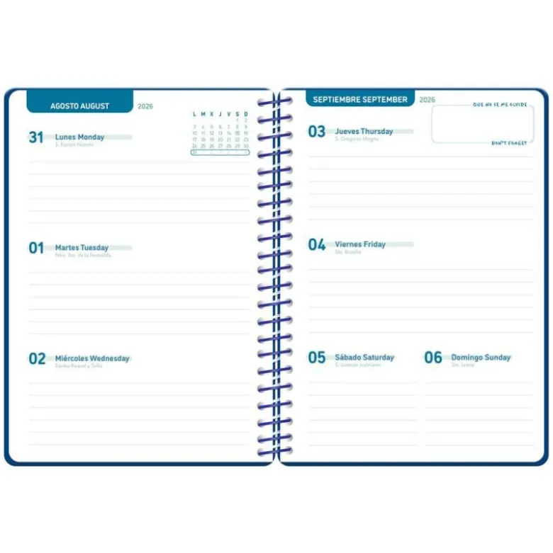 AGENDA ESCOLAR LIDERPAPEL 26-27 ESPIRAL CLASSIC SEMANA VISTA A5 BILINGUE 70G PAPEL FSC AZUL MARINO
