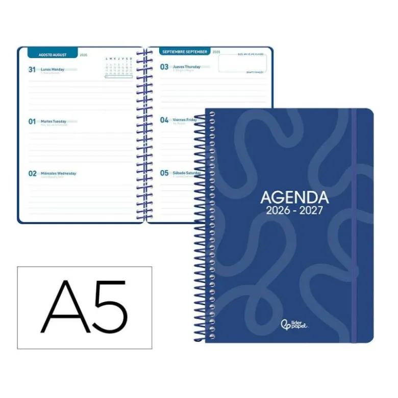 AGENDA ESCOLAR LIDERPAPEL 26-27 ESPIRAL CLASSIC SEMANA VISTA A5 BILINGUE 70G PAPEL FSC AZUL MARINO