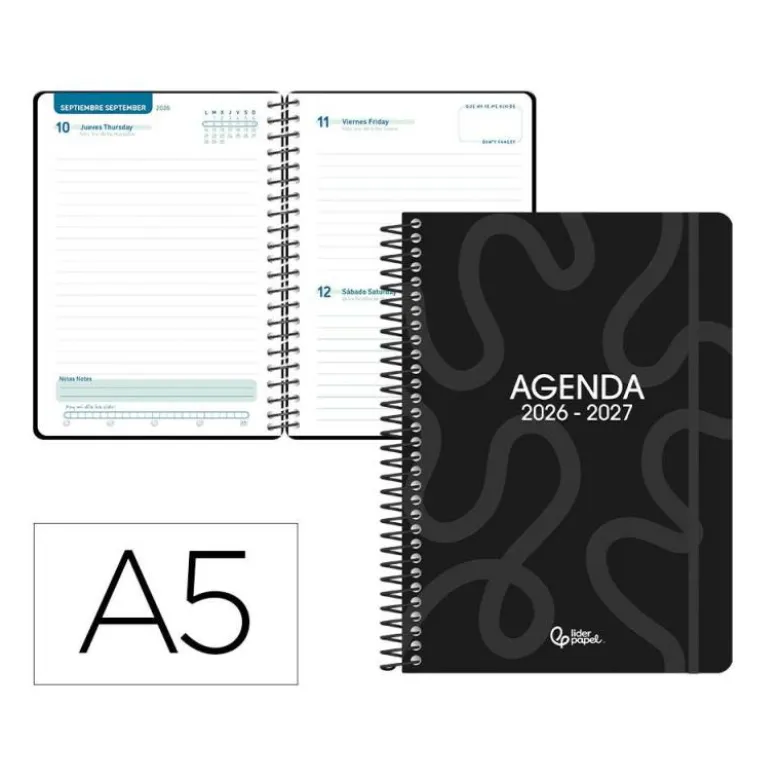AGENDA ESCOLAR LIDERPAPEL 26-27 ESPIRAL CLASSIC DIA PAGINA A5 BILINGUE 70G PAPEL FSC NEGRO
