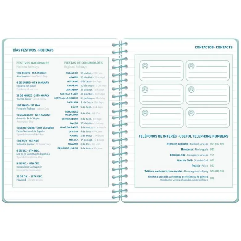 AGENDA ESCOLAR LIDERPAPEL 26-27 ESPIRAL CLASSIC DIA PAGINA A5 BILINGUE 70G PAPEL FSC AZUL TURQUESA