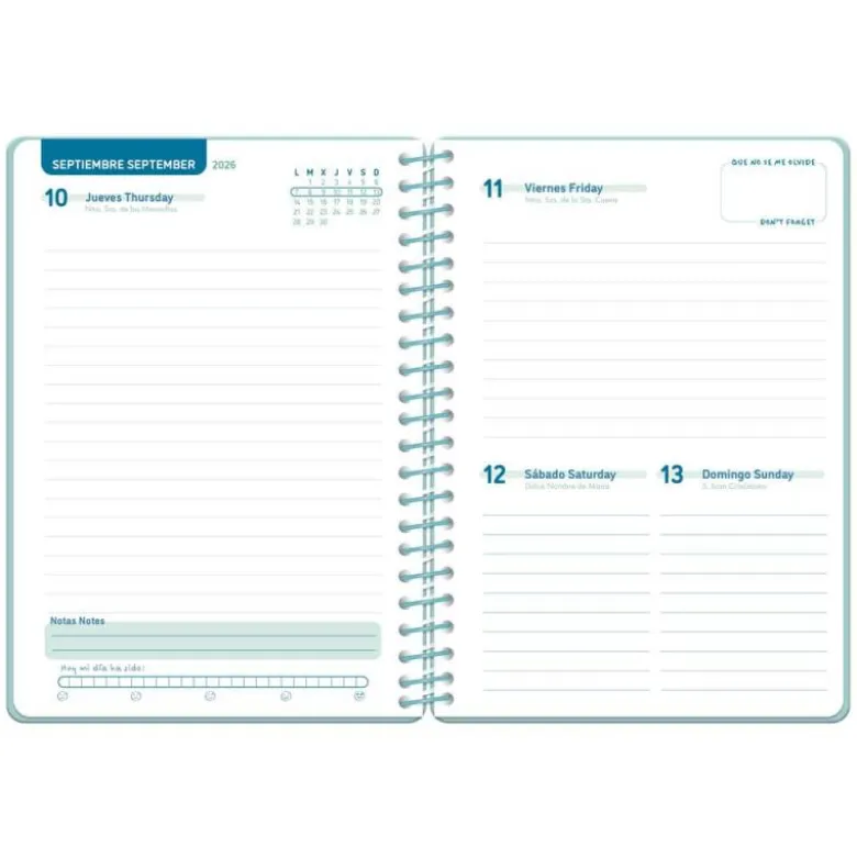 AGENDA ESCOLAR LIDERPAPEL 26-27 ESPIRAL CLASSIC DIA PAGINA A5 BILINGUE 70G PAPEL FSC AZUL TURQUESA