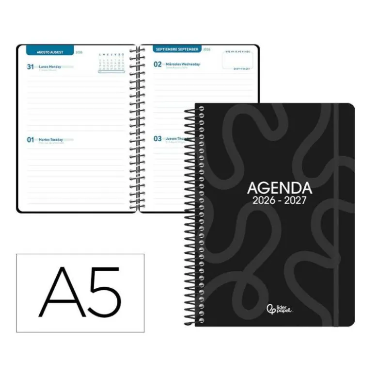 AGENDA ESCOLAR LIDERPAPEL 26-27 ESPIRAL CLASSIC 2 DIAS PAGINA A5 BILINGUE 70G PAPEL FSC NEGRO