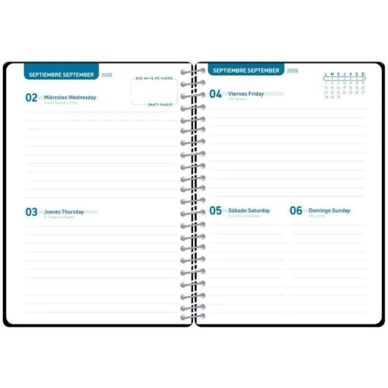 AGENDA ESCOLAR LIDERPAPEL 26-27 ESPIRAL BASIC 2 DIAS PAGINA A5 BILINGUE 70G PAPEL FSC NEGRO