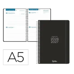 AGENDA ESCOLAR LIDERPAPEL 26-27 ESPIRAL BASIC 2 DIAS PAGINA A5 BILINGUE 70G PAPEL FSC NEGRO