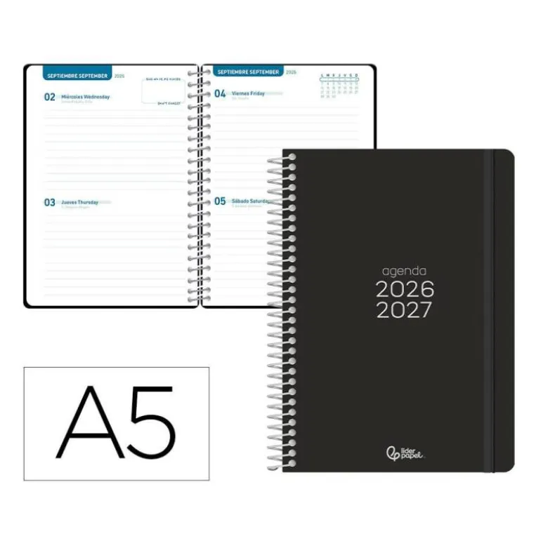 AGENDA ESCOLAR LIDERPAPEL 26-27 ESPIRAL BASIC 2 DIAS PAGINA A5 BILINGUE 70G PAPEL FSC NEGRO