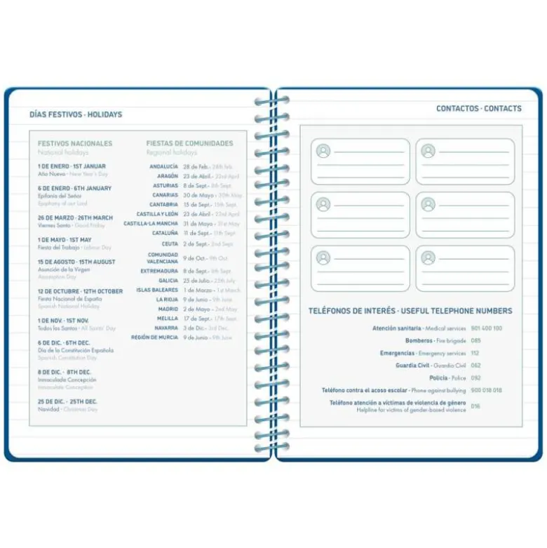 AGENDA ESCOLAR LIDERPAPEL 26-27 ESPIRAL BASIC 2 DIAS PAGINA A5 BILINGUE 70G PAPEL FSC AZUL MARINO
