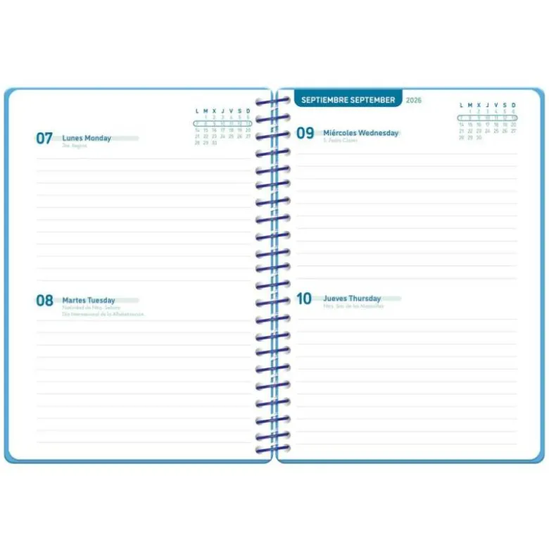 AGENDA ESCOLAR LIDERPAPEL 26-27 ESPIRAL BASIC 2 DIAS PAGINA A5 BILINGUE 70G PAPEL FSC AZUL TURQUESA