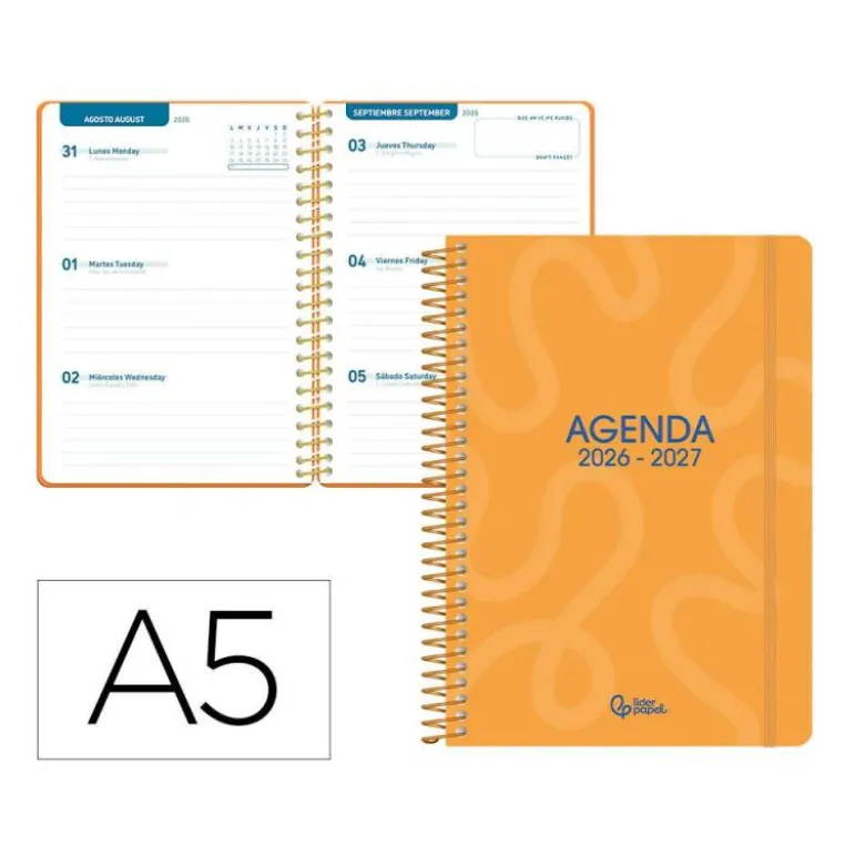 AGENDA ESCOLAR LIDERPAPEL 26-27 ESPIRAL CLASSIC SEMANA VISTA A5 BILINGUE 70G PAPEL FSC NARANJA