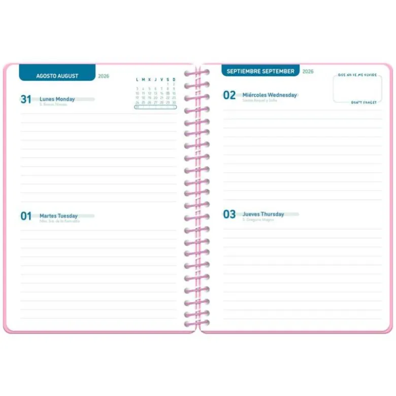 AGENDA ESCOLAR LIDERPAPEL 26-27 ESPIRAL CLASSIC 2 DIAS PAGINA A5 BILINGUE 70G PAPEL FSC ROSA