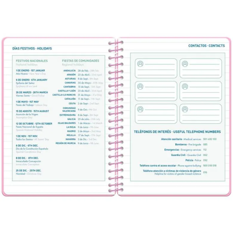 AGENDA ESCOLAR LIDERPAPEL 26-27 ESPIRAL CLASSIC 2 DIAS PAGINA A5 BILINGUE 70G PAPEL FSC ROSA