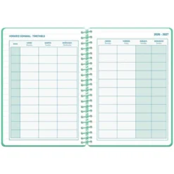 AGENDA ESCOLAR LIDERPAPEL 26-27 ESPIRAL CLASSIC 2 DIAS PAGINA A5 BILINGUE 70G PAPEL FSC VERDE