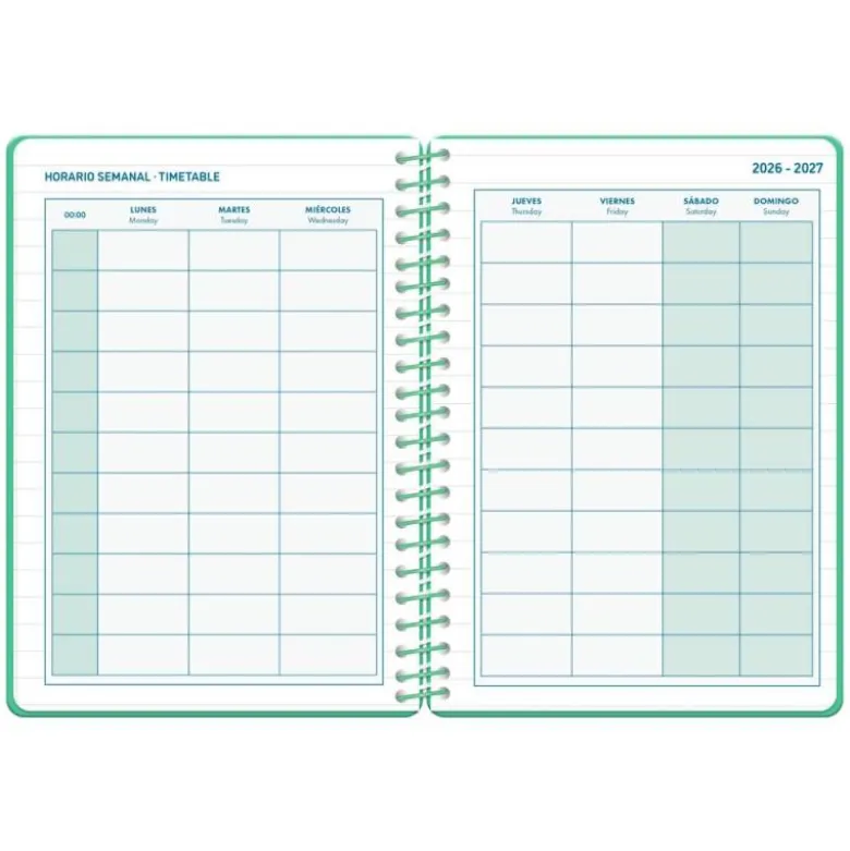 AGENDA ESCOLAR LIDERPAPEL 26-27 ESPIRAL CLASSIC 2 DIAS PAGINA A5 BILINGUE 70G PAPEL FSC VERDE