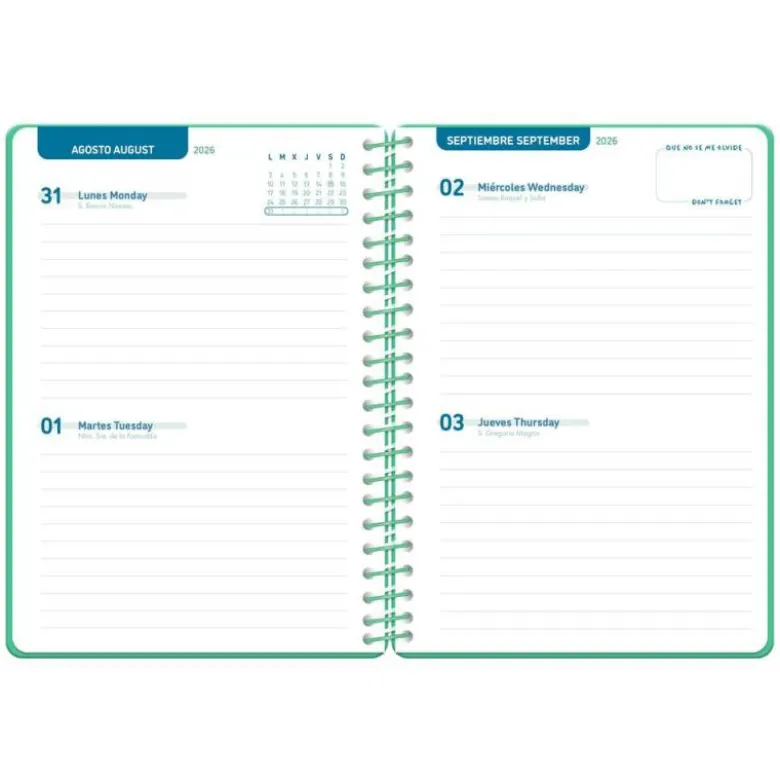 AGENDA ESCOLAR LIDERPAPEL 26-27 ESPIRAL CLASSIC 2 DIAS PAGINA A5 BILINGUE 70G PAPEL FSC VERDE