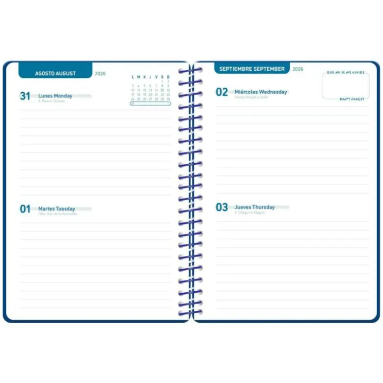 AGENDA ESCOLAR LIDERPAPEL 26-27 ESPIRAL CLASSIC 2 DIAS PAGINA A5 BILINGUE 70G PAPEL FSC AZUL MARINO