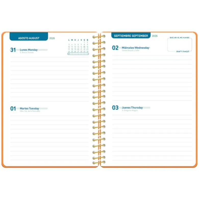 AGENDA ESCOLAR LIDERPAPEL 26-27 ESPIRAL CLASSIC 2 DIAS PAGINA A5 BILINGUE 70G PAPEL FSC NARANJA