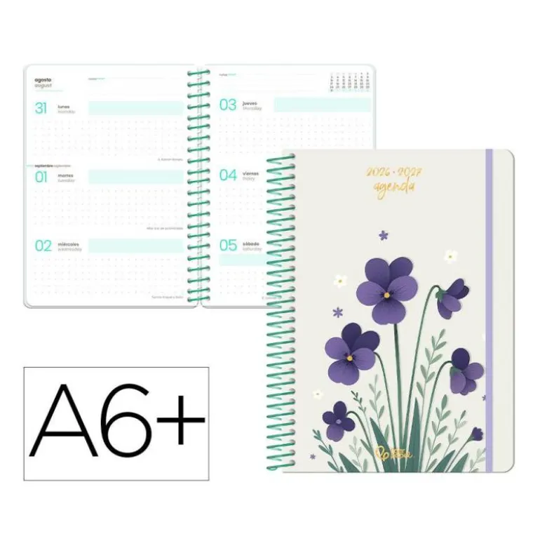 AGENDA ESCOLAR LIDERPAPEL 26-27 ESPIRAL FLOWERS SEMANA VISTA A6+ BILINGUE 80G PAPEL FSC BLANCO