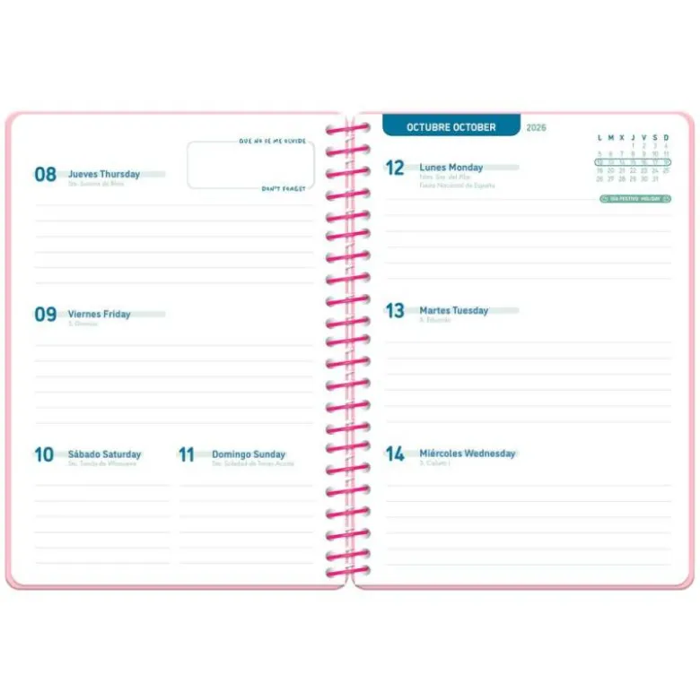 AGENDA ESCOLAR LIDERPAPEL 26-27 ESPIRAL BASIC SEMANA VISTA A5 BILINGUE 70G PAPEL FSC ROSA