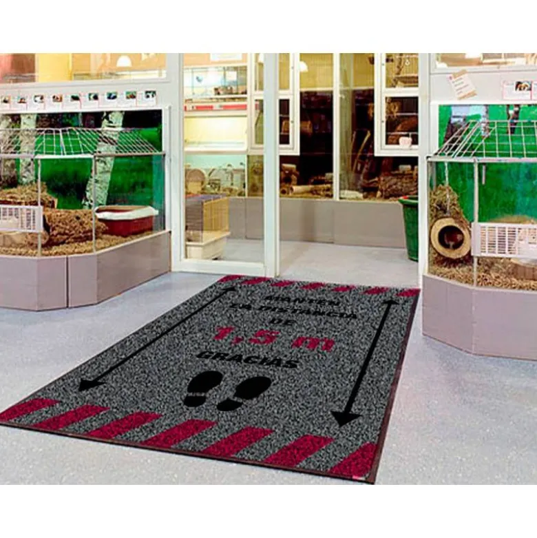 ALFOMBRA PARA SUELO DE PASO NOVUS MANTEN DISTANCIA DE 1,5 M GRACIAS FONDO GRIS 85X150 CM