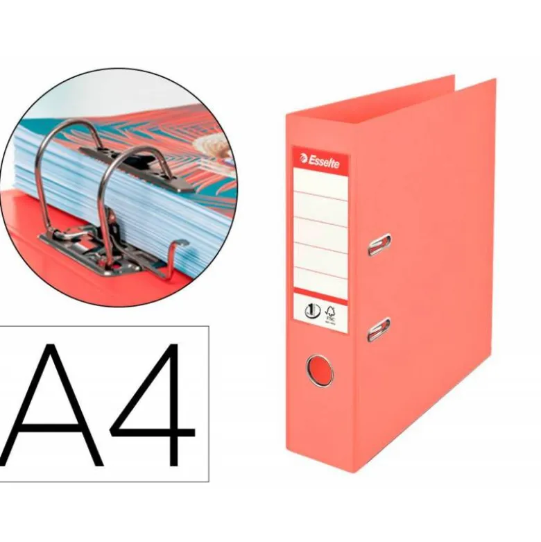 ARCHIVADOR DE PALANCA ESSELTE CARTON FORRADO PVC DIN A4 LOMO 75 MM COLOR CORAL