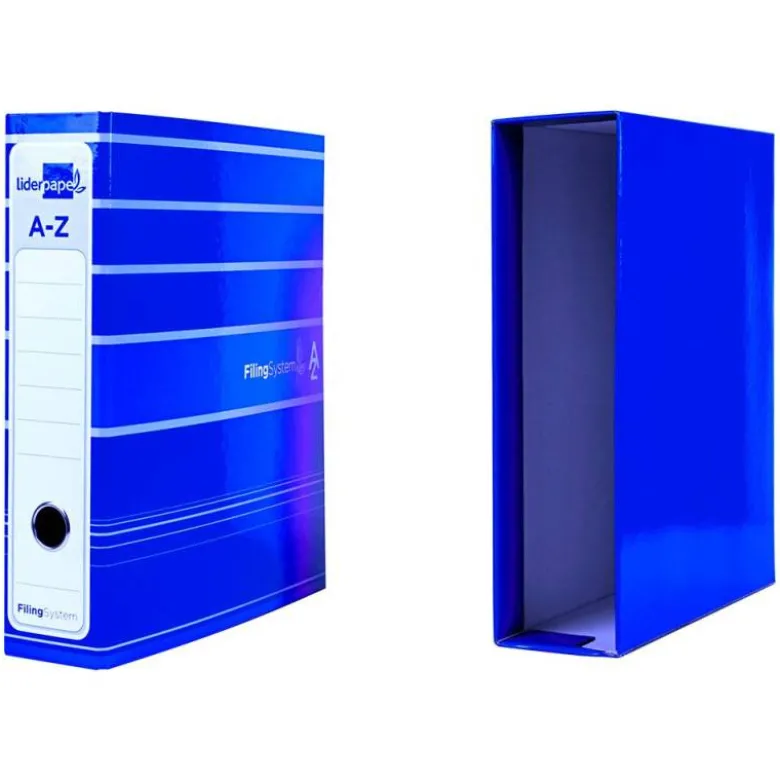 Archivador de palanca liderpapel a4 filing system forrado sin rado lomo 80mm azul con caja y compresor metalico