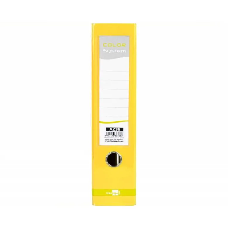 Archivador de palanca liderpapel Din A4 color system forrado sin rado lomo 80mm amarillo compresor metalico.