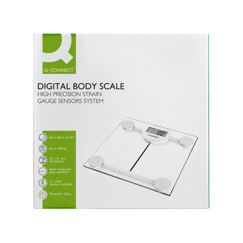 BASCULA BAÑO Q-CONNECT DIGITAL CON PANTALLA LCD PRECISION 100 GR CAPACIDAD DE 5 KG A 180 KG 300X300X22MM