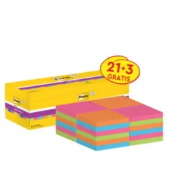 BLOC DE NOTAS ADHESIVA QUITA Y PON POST-IT SUPER STICKY 76X76 MM 90 HOJAS COLORES SURTIDOS PACK DE 21 + 3