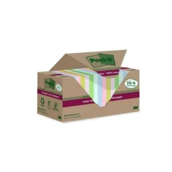BLOC DE NOTAS ADHESIVAS QUITA Y PON POST-IT SUPER STICKY 76X76 MM 70 HOJAS RECICLADAS PAQUETE DE 14 UNIDADES