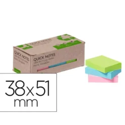 BLOC DE NOTAS ADHESIVAS QUITA Y PON Q-CONNECT 38X51 MM 100% PAPEL RECICLADO COLORES PASTELES EN CAJA DE CARTON