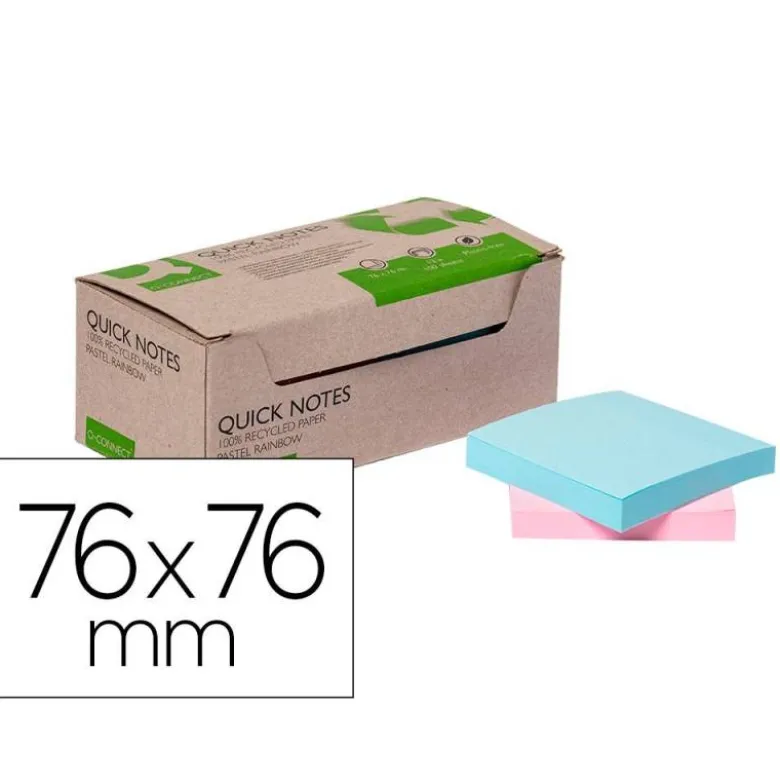 BLOC DE NOTAS ADHESIVAS QUITA Y PON Q-CONNECT 76X76 MM 100% PAPEL RECICLADO COLORES PASTELES EN CAJA DE CARTON