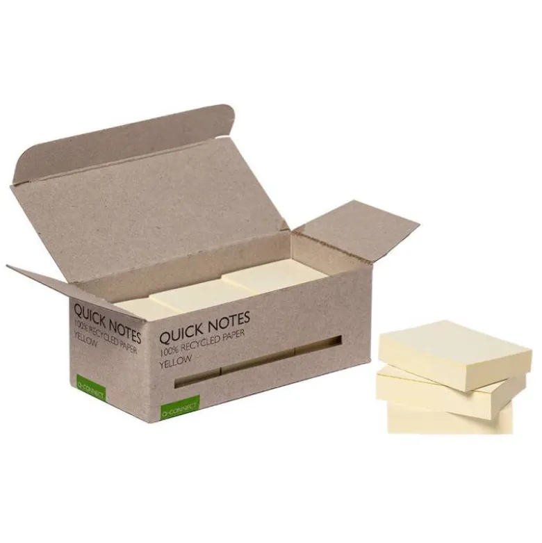 BLOC DE NOTAS ADHESIVAS QUITA Y PON Q-CONNECT 38X51 MM 100% PAPEL RECICLADO AMARILLO EN CAJA DE CARTON